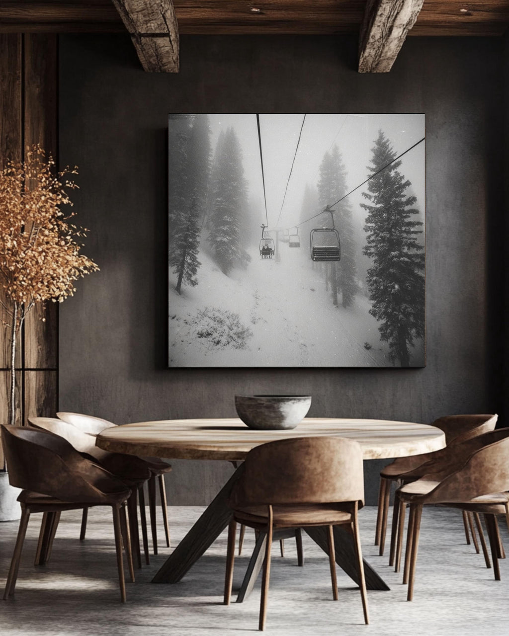 Black and White Ski Chairlift Canvas Print, Snowy Mountain Dark Academia Decor