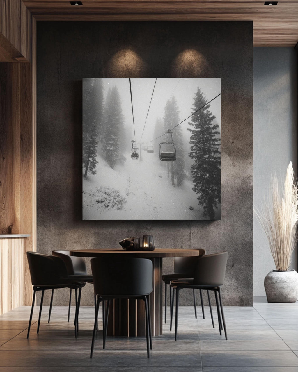 Black and White Ski Chairlift Canvas Print, Snowy Mountain Dark Academia Decor