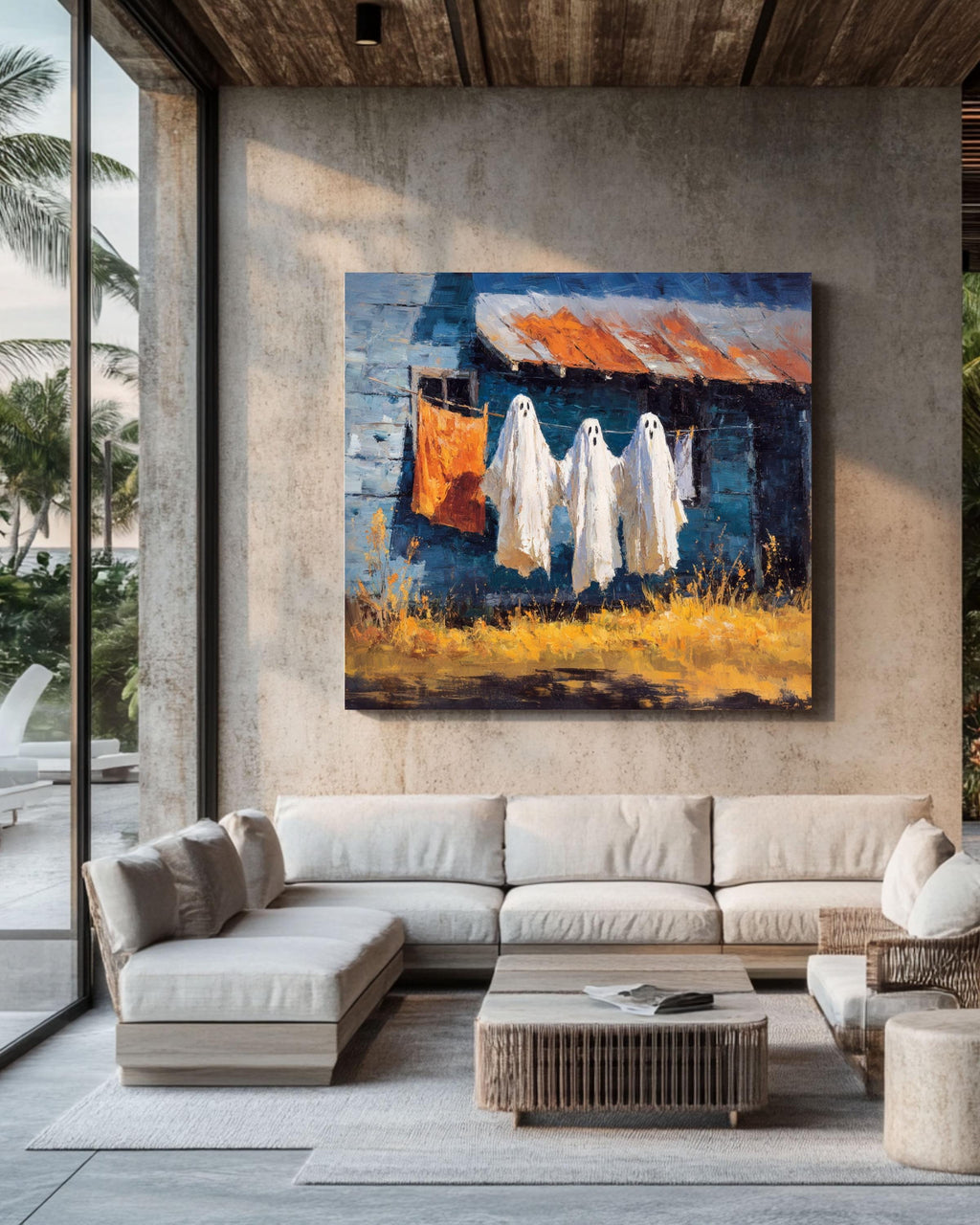 Spooky Ghost Clothesline Oil Painting Canvas, Halloween Wall Art