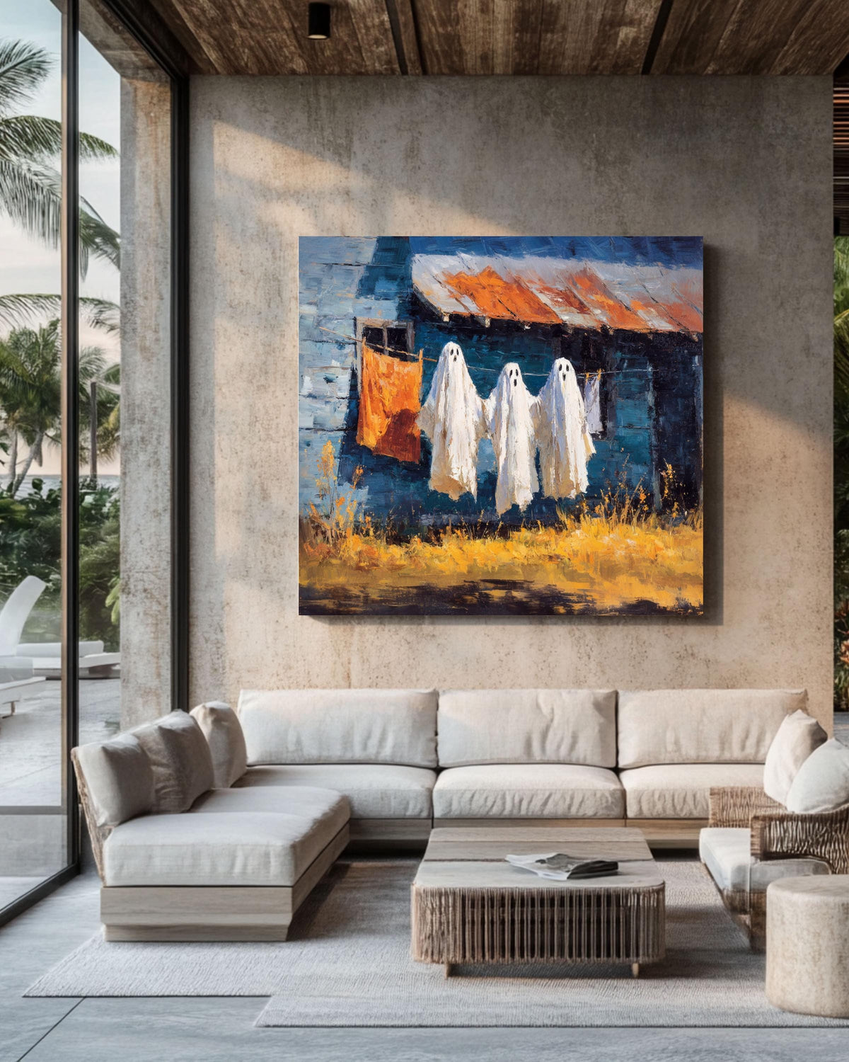 Spooky Ghost Clothesline Oil Painting Canvas, Halloween Wall Art