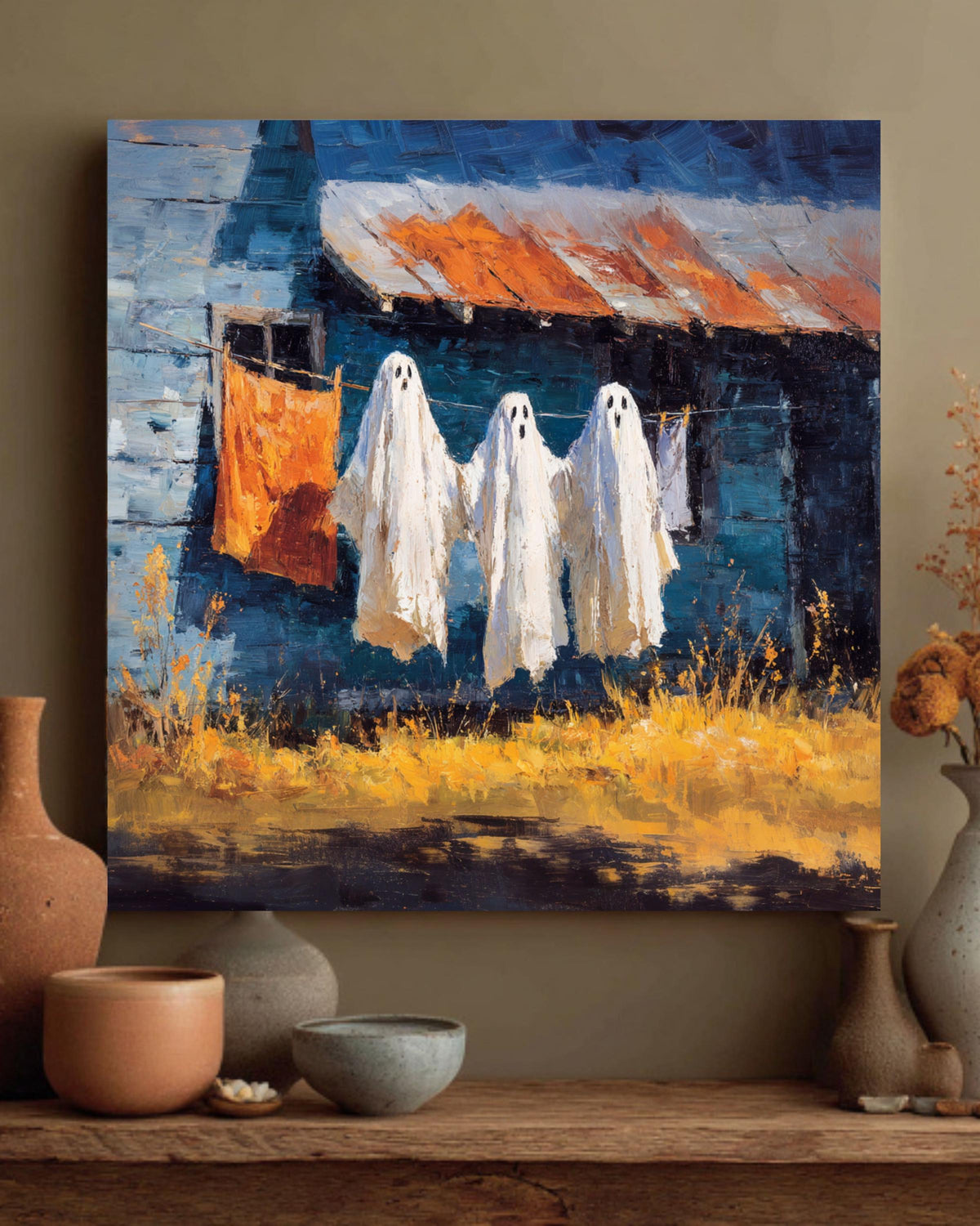 Spooky Ghost Clothesline Oil Painting Canvas, Halloween Wall Art
