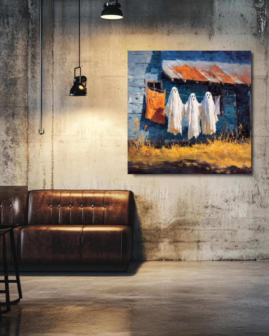 Spooky Ghost Clothesline Oil Painting Canvas, Halloween Wall Art