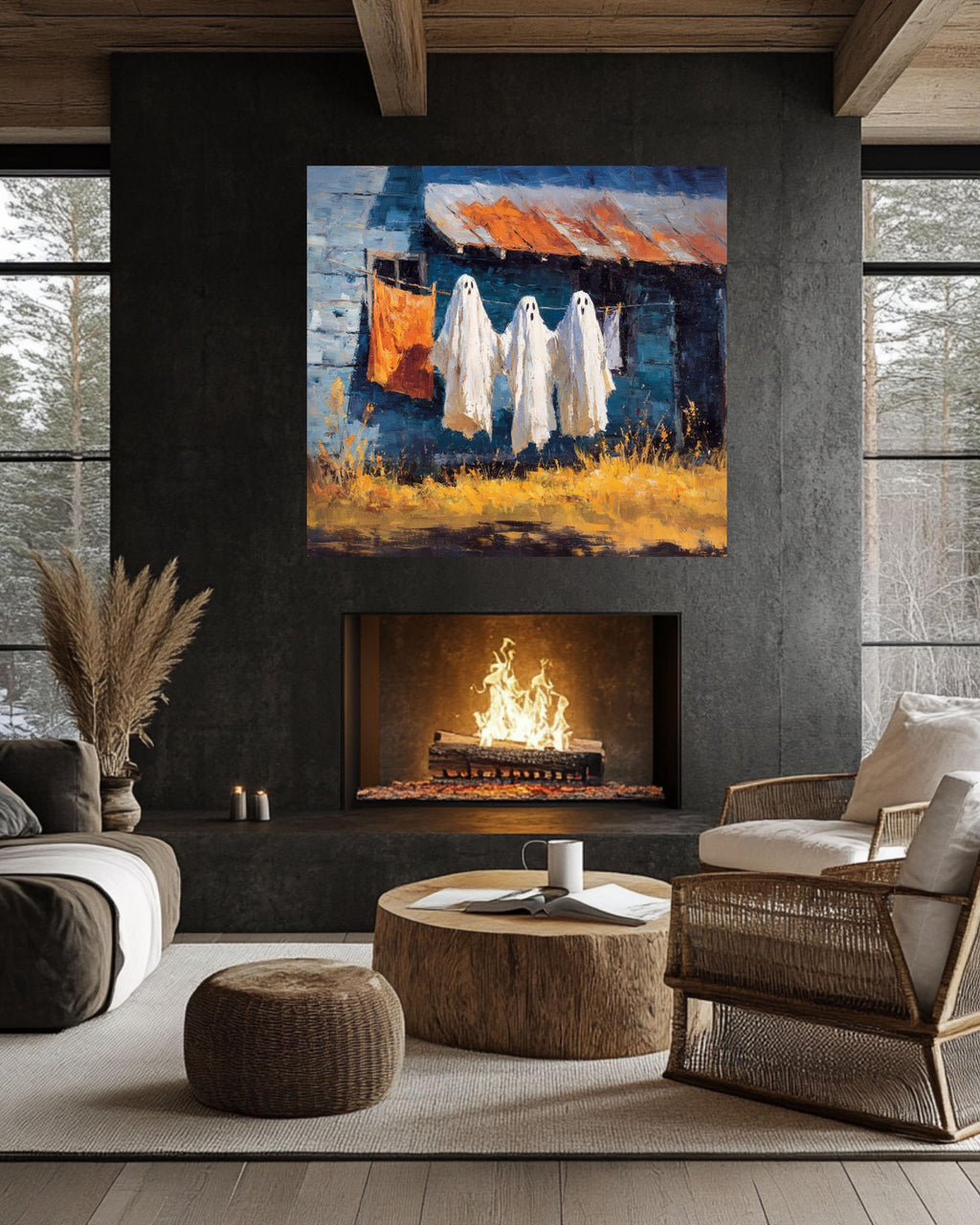 Spooky Ghost Clothesline Oil Painting Canvas, Halloween Wall Art