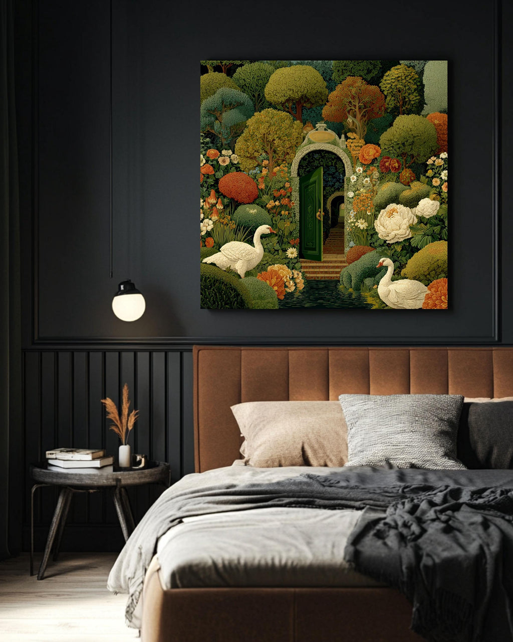 Whimsical Secret Garden Canvas Print, Medieval Tapestry Style, Swans