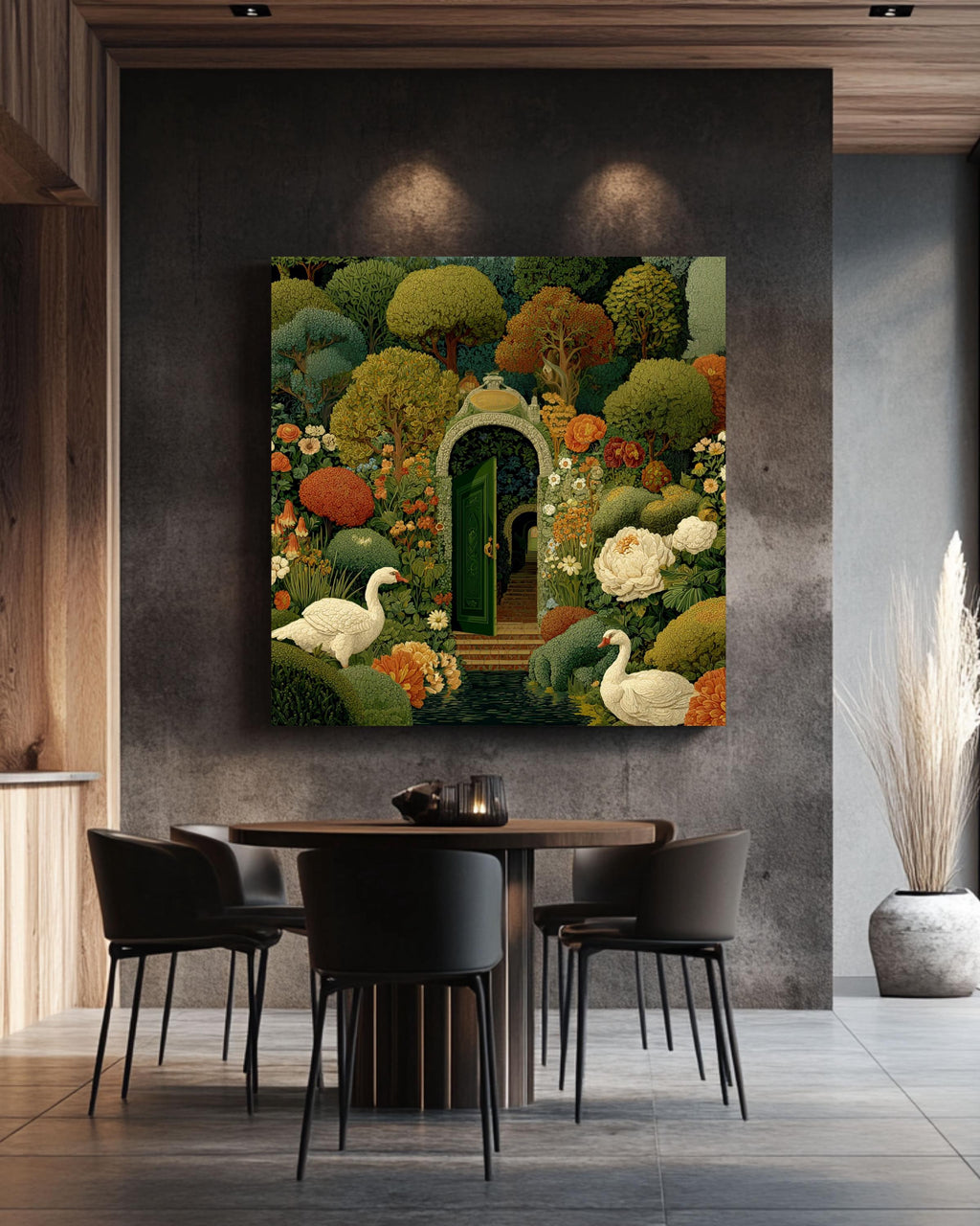 Whimsical Secret Garden Canvas Print, Medieval Tapestry Style, Swans