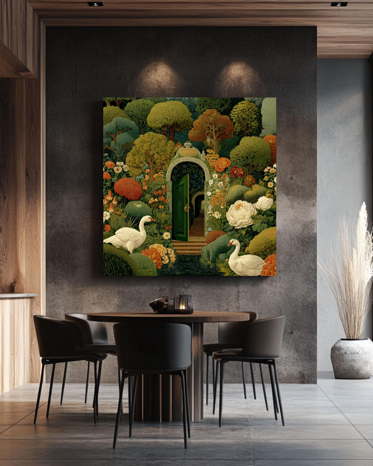 Whimsical Secret Garden Canvas Print, Medieval Tapestry Style, Swans