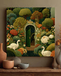 Whimsical Secret Garden Canvas Print, Medieval Tapestry Style, Swans