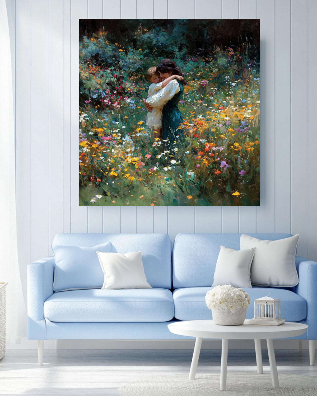 Impressionist Mother and Child Canvas Print, Wildflower Field Painting