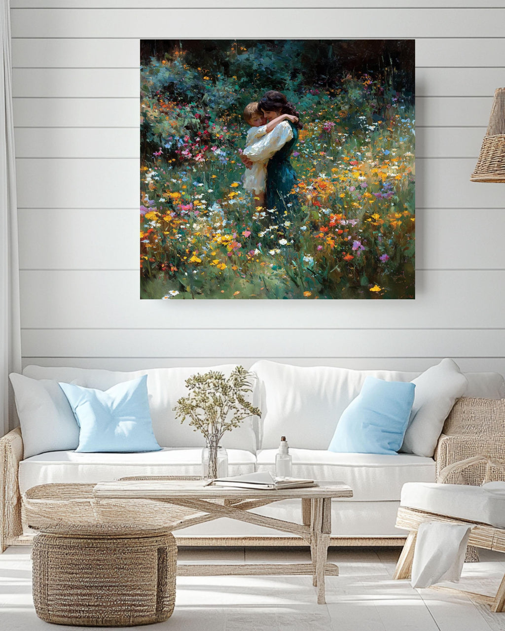 Impressionist Mother and Child Canvas Print, Wildflower Field Painting