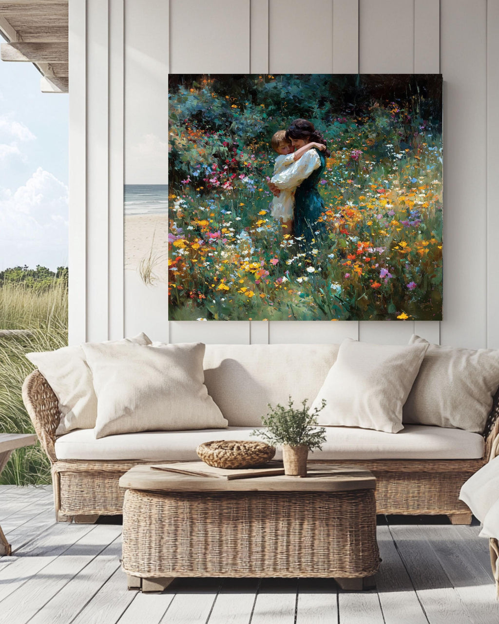 Impressionist Mother and Child Canvas Print, Wildflower Field Painting