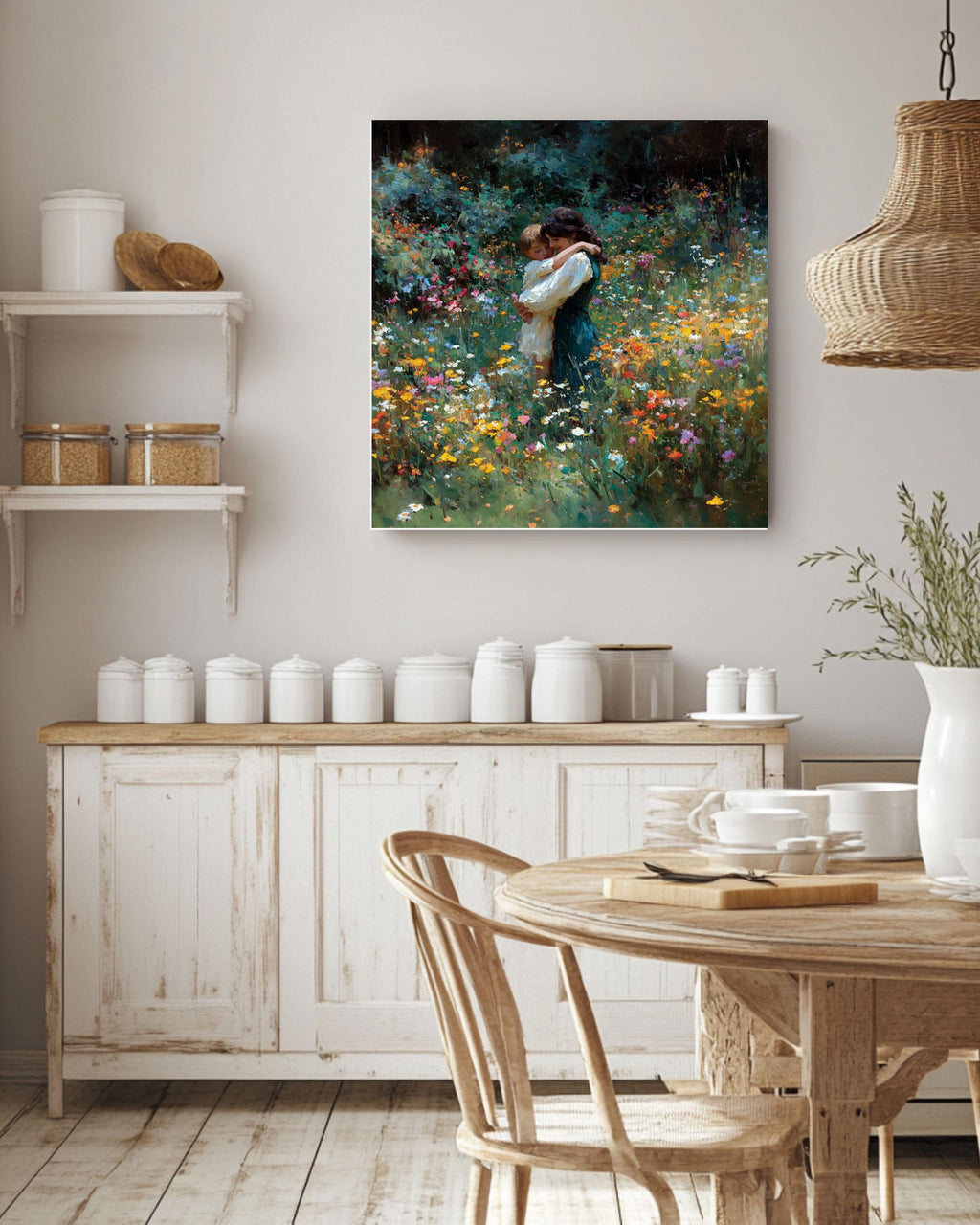 Impressionist Mother and Child Canvas Print, Wildflower Field Painting
