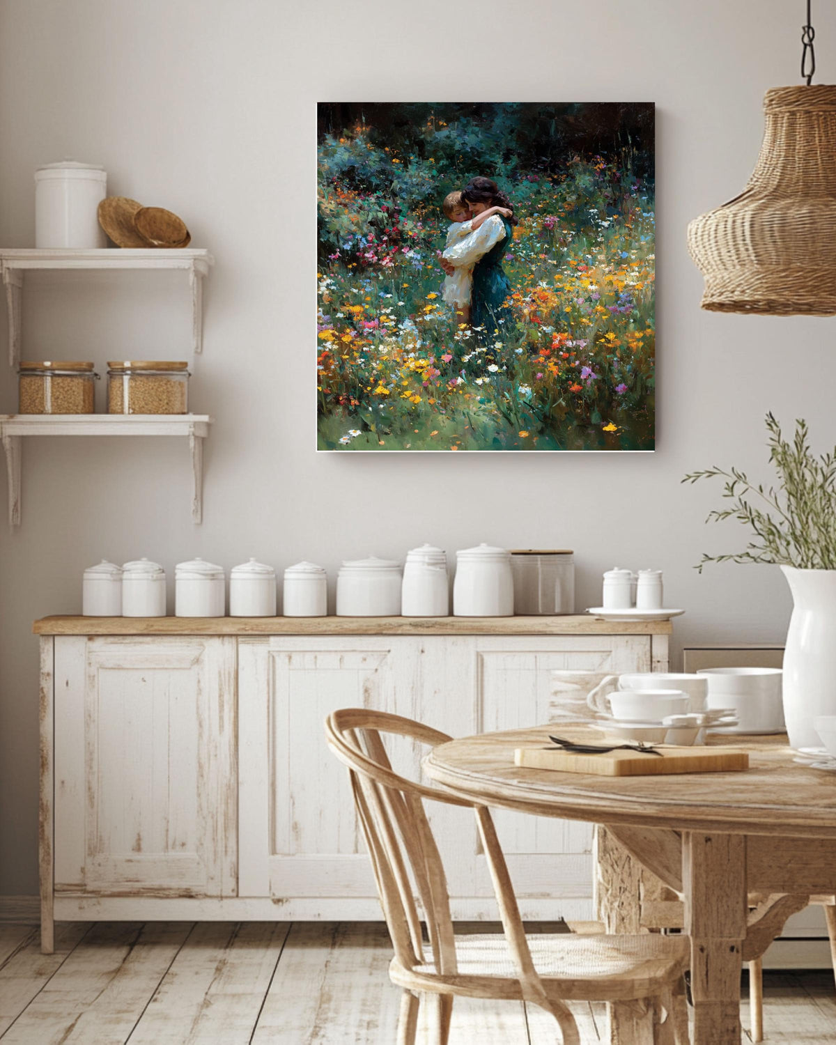 Impressionist Mother and Child Canvas Print, Wildflower Field Painting