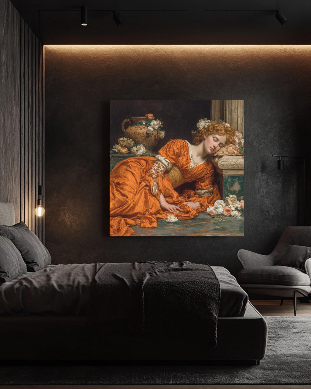 Neoclassical Sleeping Venus Print, Orange Dress Painting, Romantic Victorian Wall Art, Pre-Raphaelite Inspired Canvas Decor