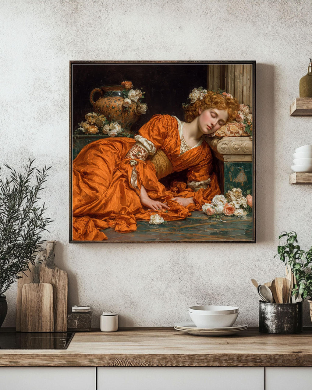 Neoclassical Sleeping Venus Print, Orange Dress Painting, Romantic Victorian Wall Art, Pre-Raphaelite Inspired Canvas Decor