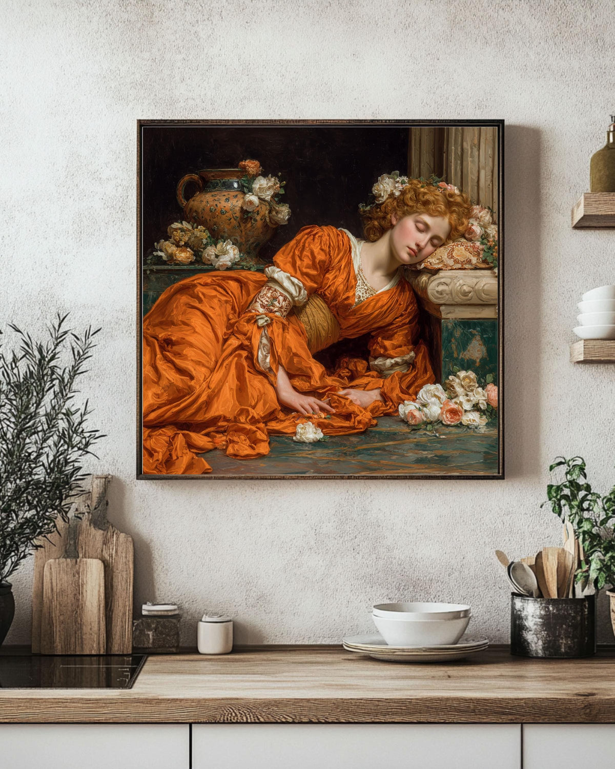 Neoclassical Sleeping Venus Print, Orange Dress Painting, Romantic Victorian Wall Art, Pre-Raphaelite Inspired Canvas Decor