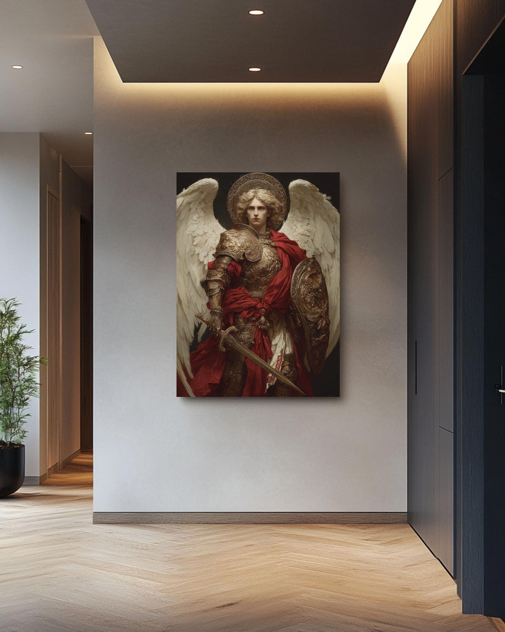 Archangel Michael Canvas Print, Renaissance Religious Art, Golden Armor and Red Cape Painting, Dark Academia Decor
