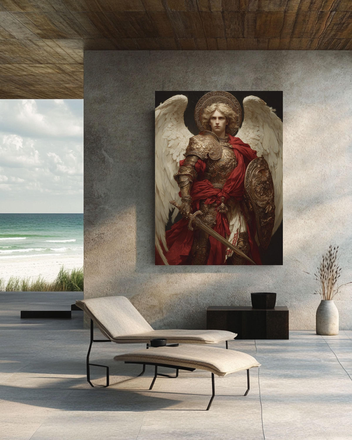 Archangel Michael Canvas Print, Renaissance Religious Art, Golden Armor and Red Cape Painting, Dark Academia Decor