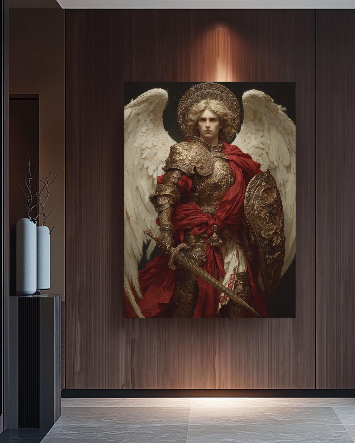 Archangel Michael Canvas Print, Renaissance Religious Art, Golden Armor and Red Cape Painting, Dark Academia Decor