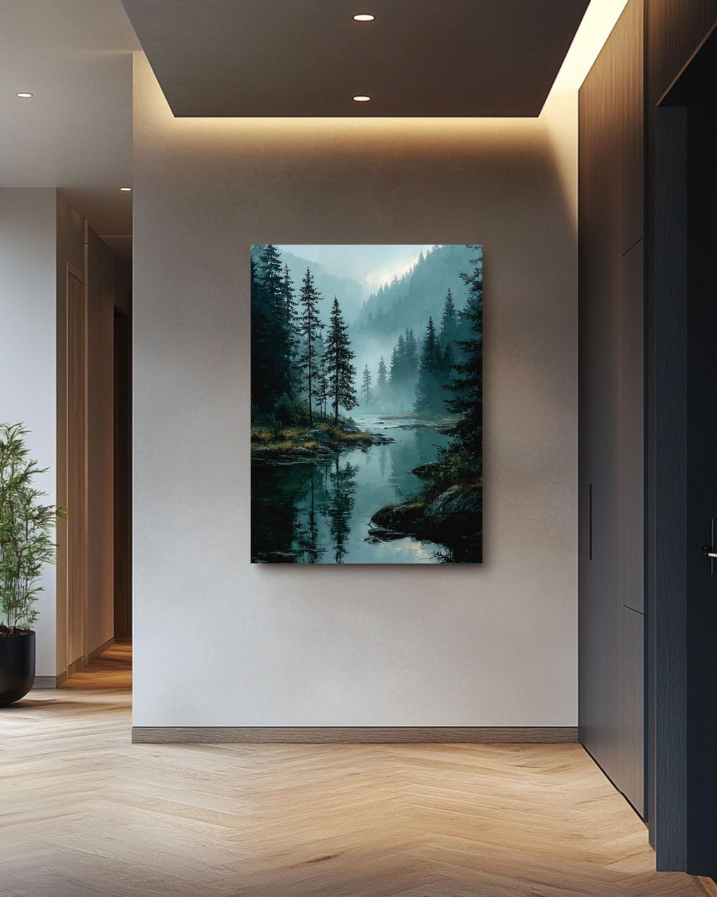 Misty Pine Forest Lake Canvas Print, Rustic Cabin Wall Art