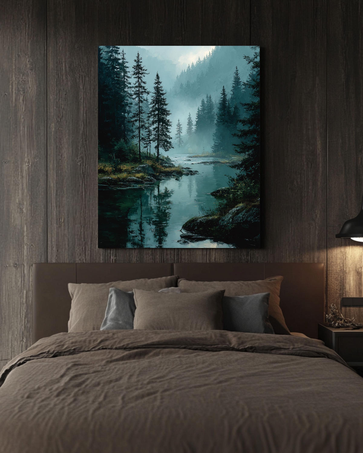 Misty Pine Forest Lake Canvas Print, Rustic Cabin Wall Art