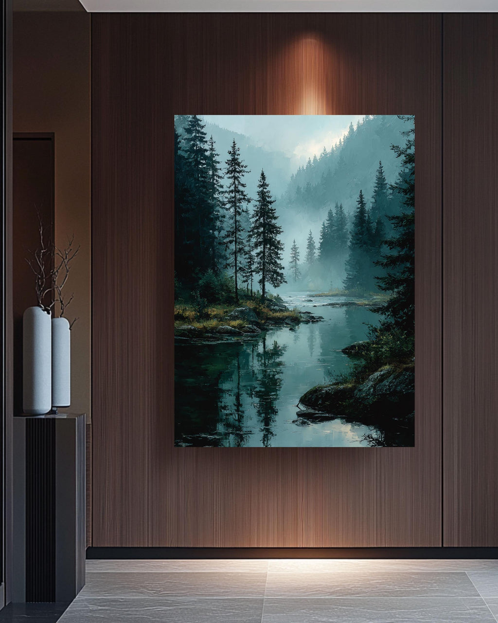 Misty Pine Forest Lake Canvas Print, Rustic Cabin Wall Art