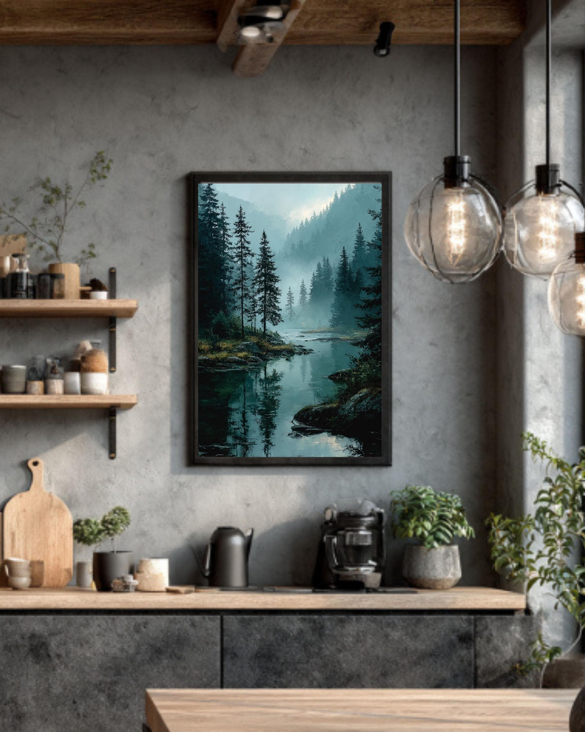 Misty Pine Forest Lake Canvas Print, Rustic Cabin Wall Art