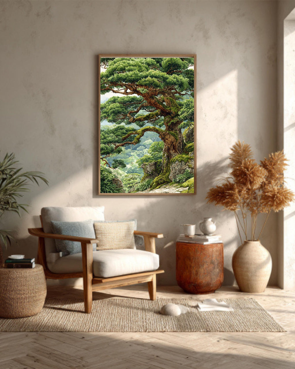 Ancient Tree Watercolor Print, Mossy Japanese Bonsai Canvas Art