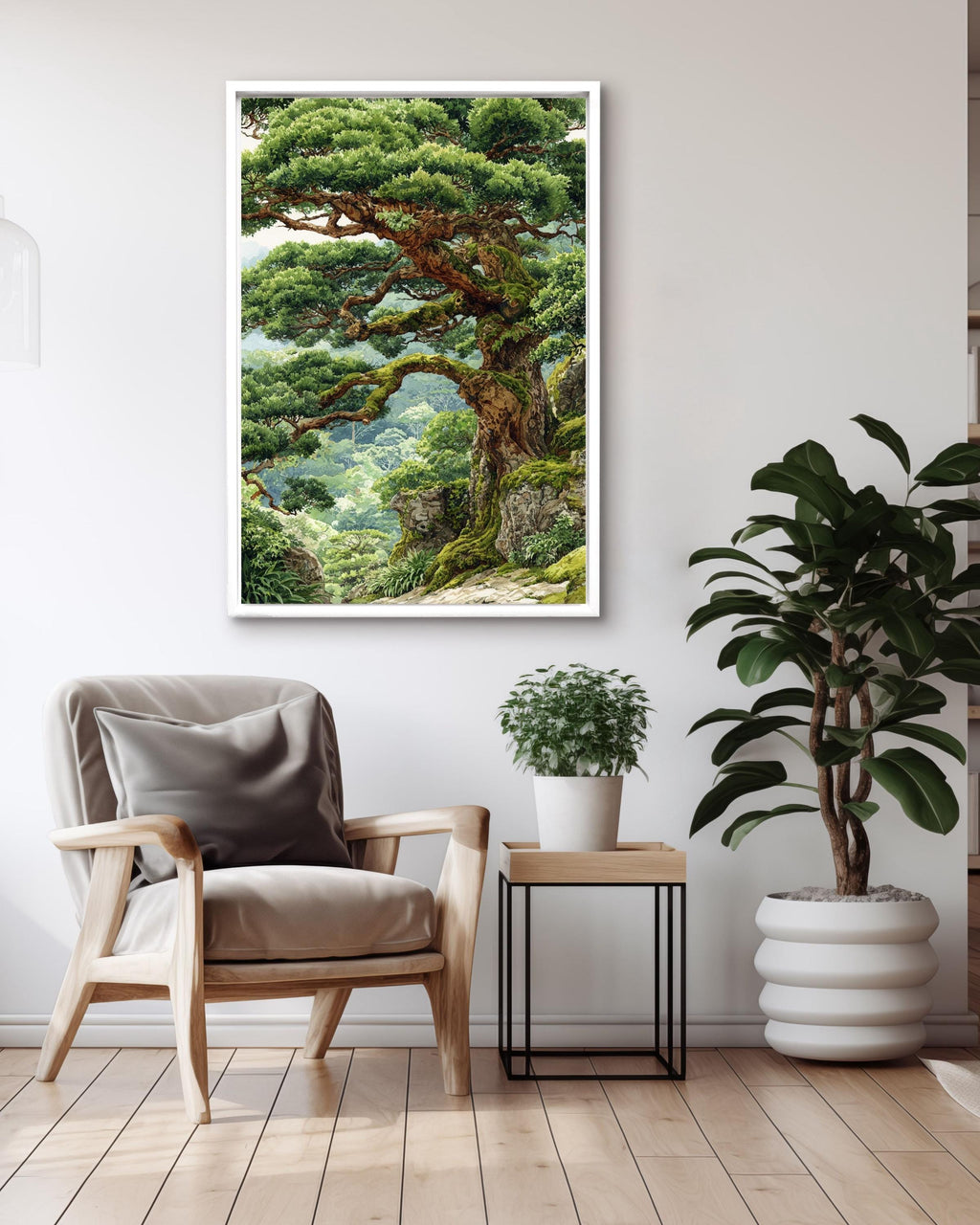 Ancient Tree Watercolor Print, Mossy Japanese Bonsai Canvas Art