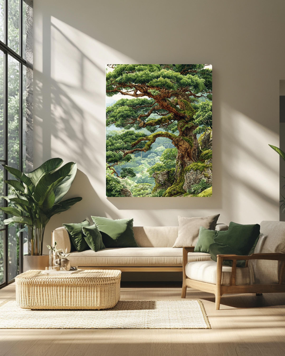 Ancient Tree Watercolor Print, Mossy Japanese Bonsai Canvas Art