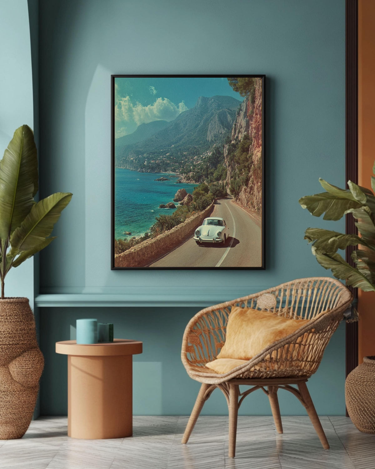 Vintage Porsche Coastal Road Canvas Print: Mid-Century Modern Car Wall Art