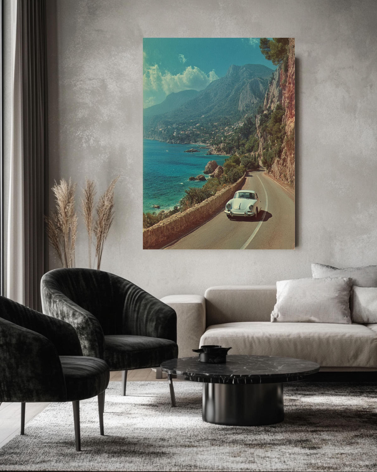 Vintage Porsche Coastal Road Canvas Print: Mid-Century Modern Car Wall Art
