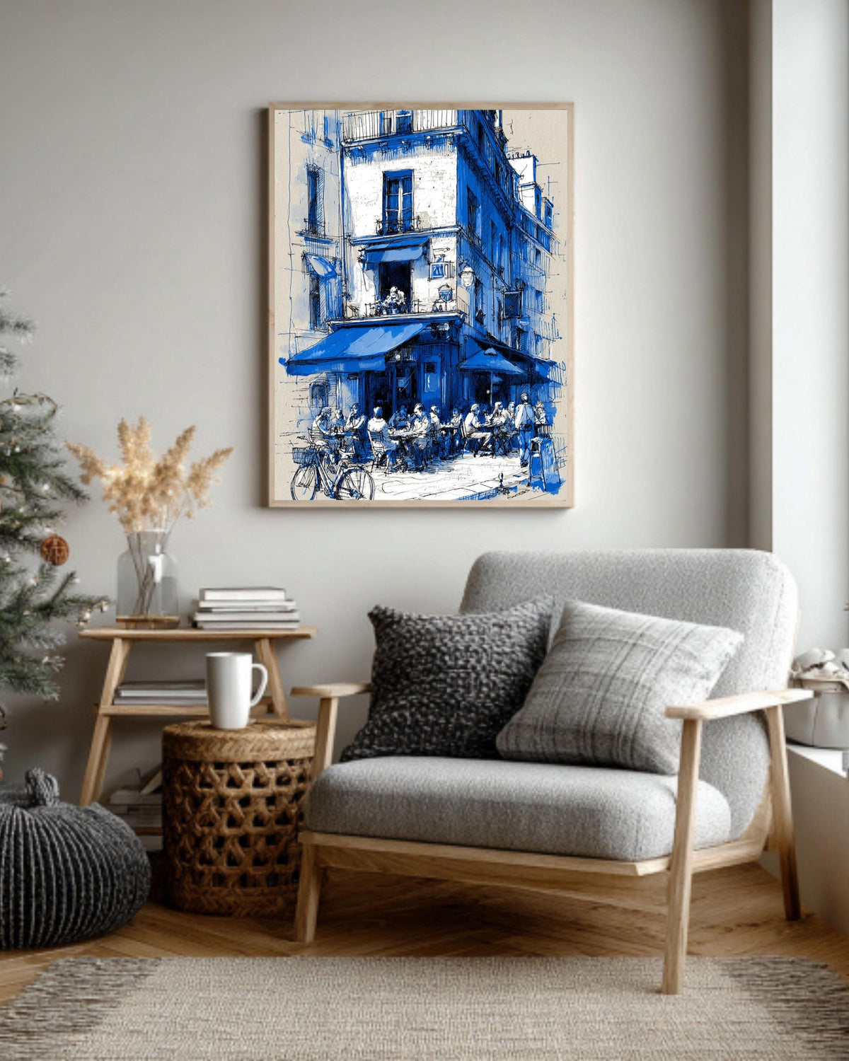 Blue Paris Cafe Sketch Print: French Bistro Street Scene Canvas
