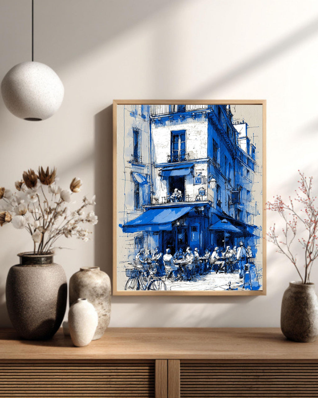 Blue Paris Cafe Sketch Print: French Bistro Street Scene Canvas