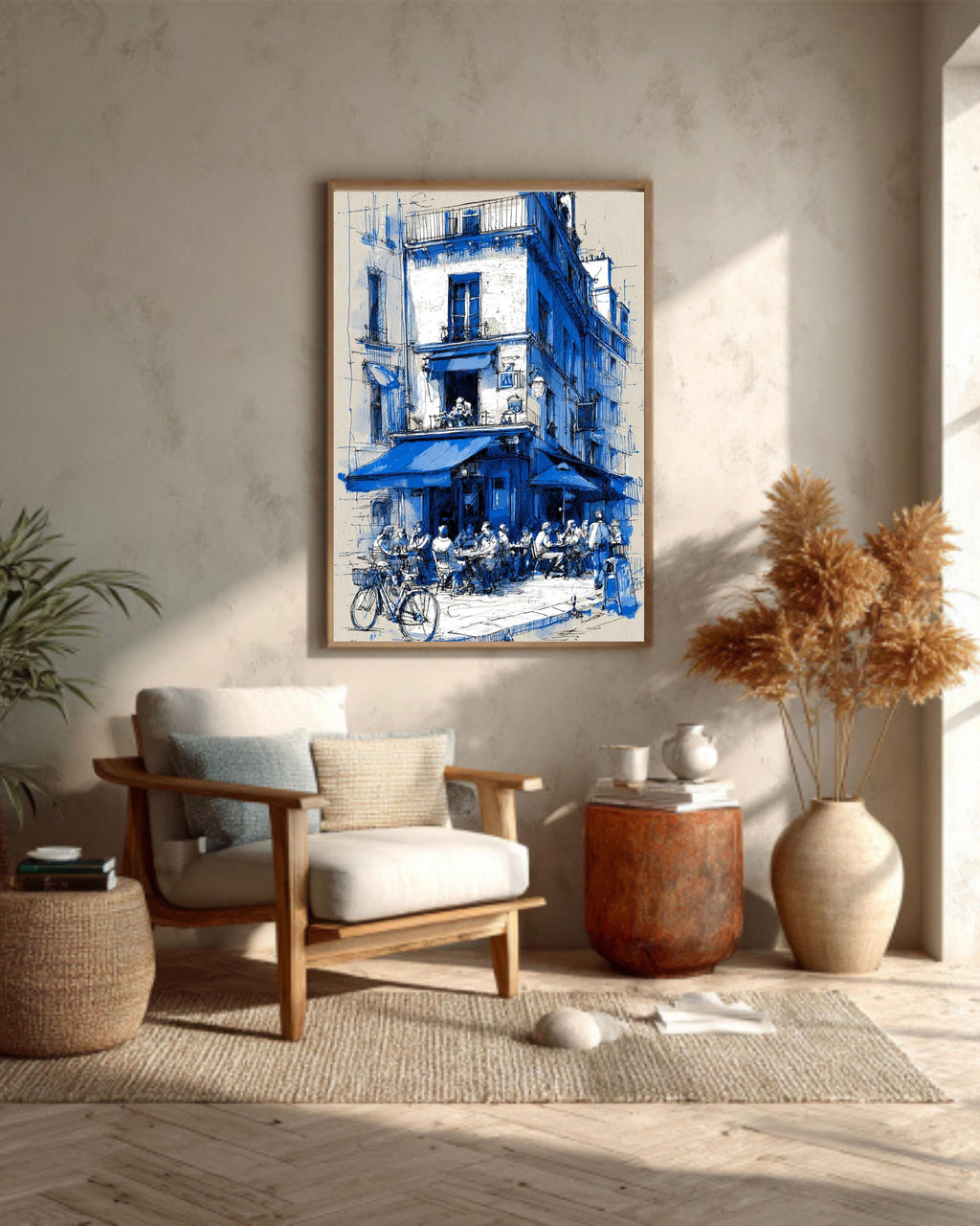 Blue Paris Cafe Sketch Print: French Bistro Street Scene Canvas