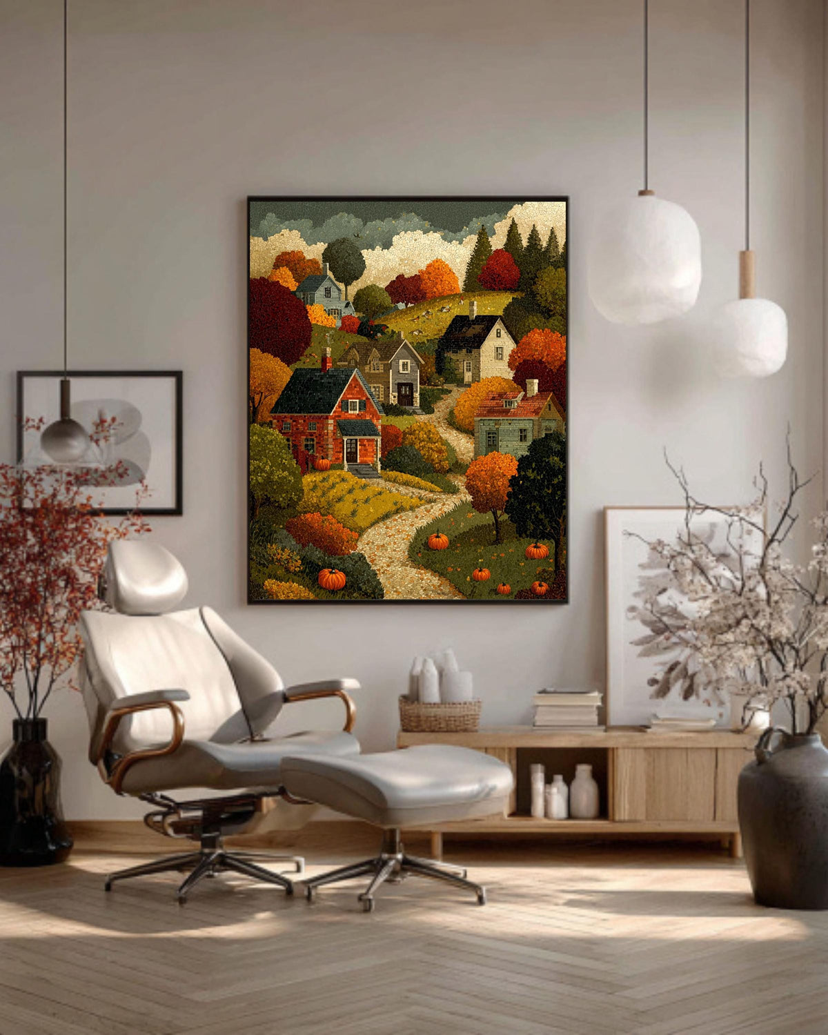 Autumn Village Canvas Print: Mosaic Fall Landscape, Thanksgiving Home Decor
