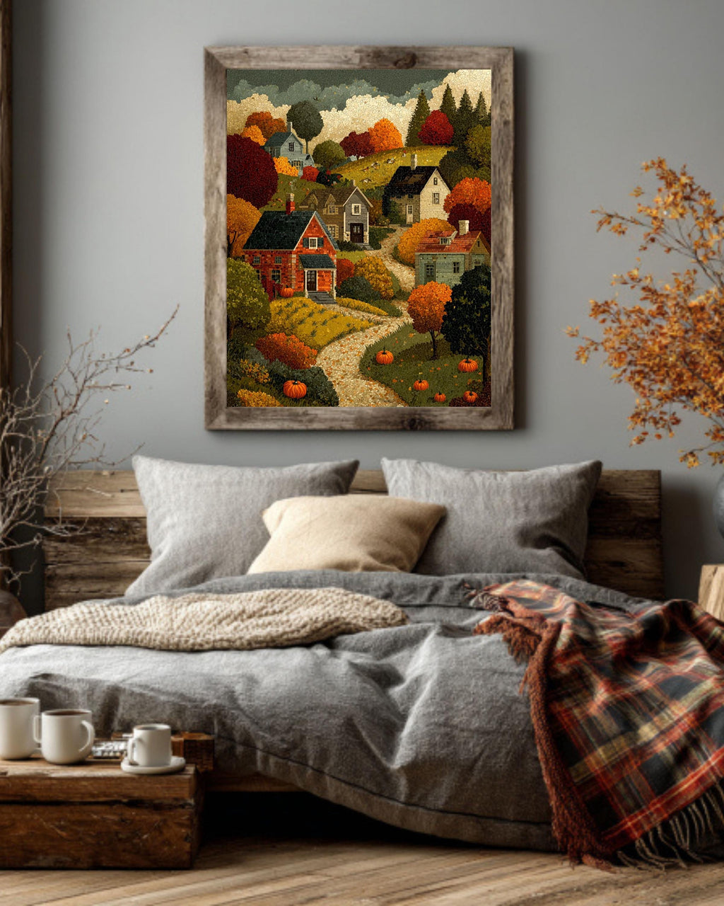 Autumn Village Canvas Print: Mosaic Fall Landscape, Thanksgiving Home Decor