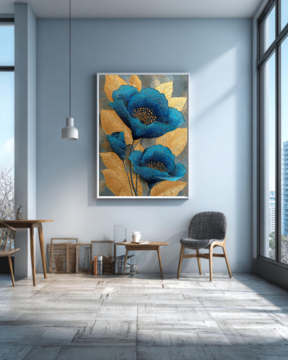 Abstract Blue and Gold Floral Canvas: Textured Botanical Wall Art