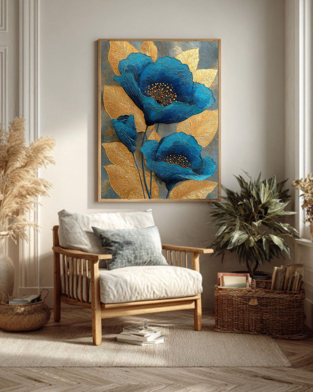 Abstract Blue and Gold Floral Canvas: Textured Botanical Wall Art
