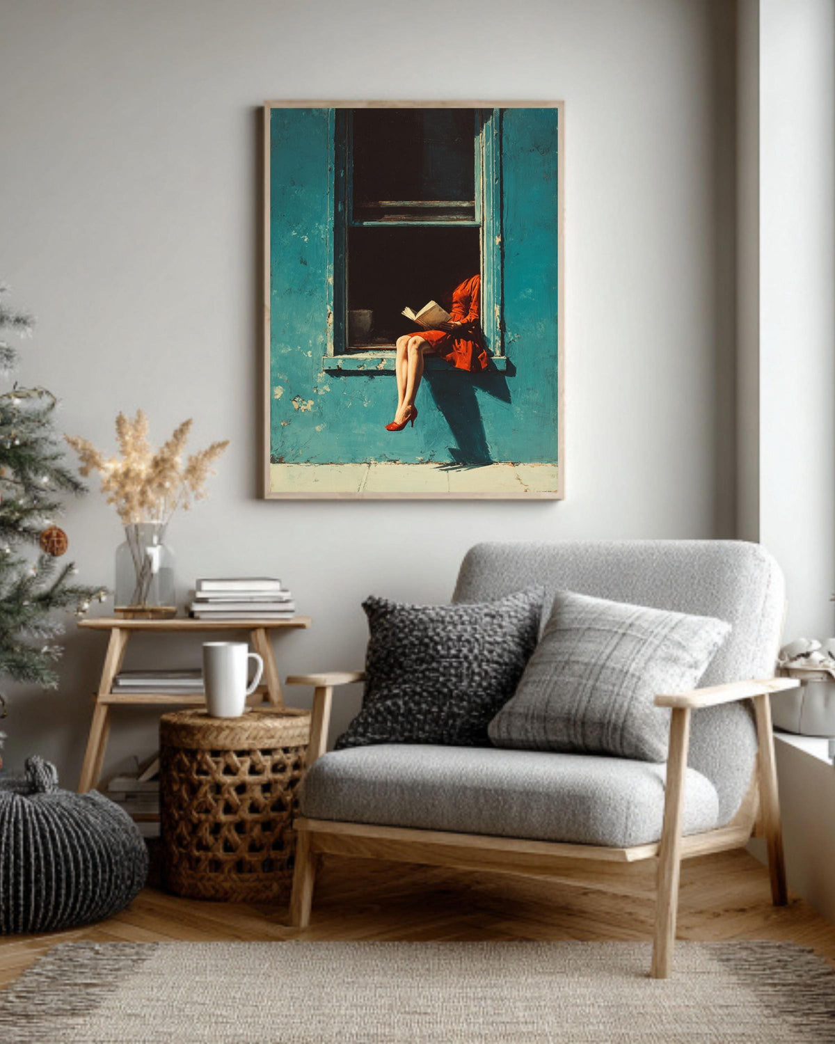 Red Dress Woman Reading Art Print, Blue Window, Mid-Century Modern Canvas