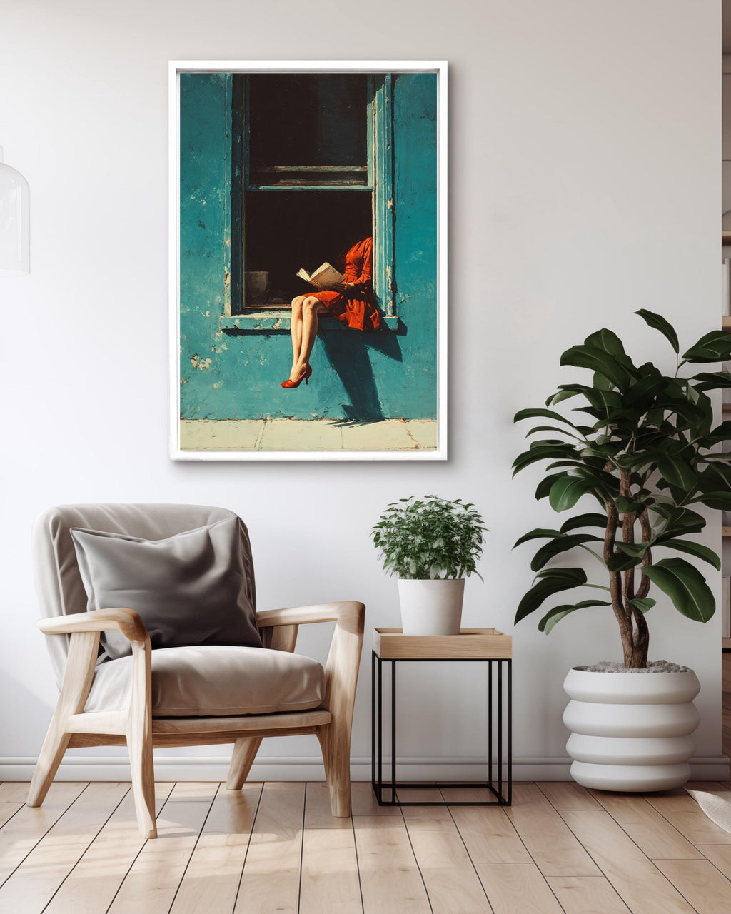 Red Dress Woman Reading Art Print, Blue Window, Mid-Century Modern Canvas