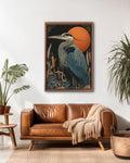 Great Blue Heron Wall Art Print | Elegant Bird Illustration Standing Among Cattails Under Starry Night Sky | Detailed Nature Wildlife Poster