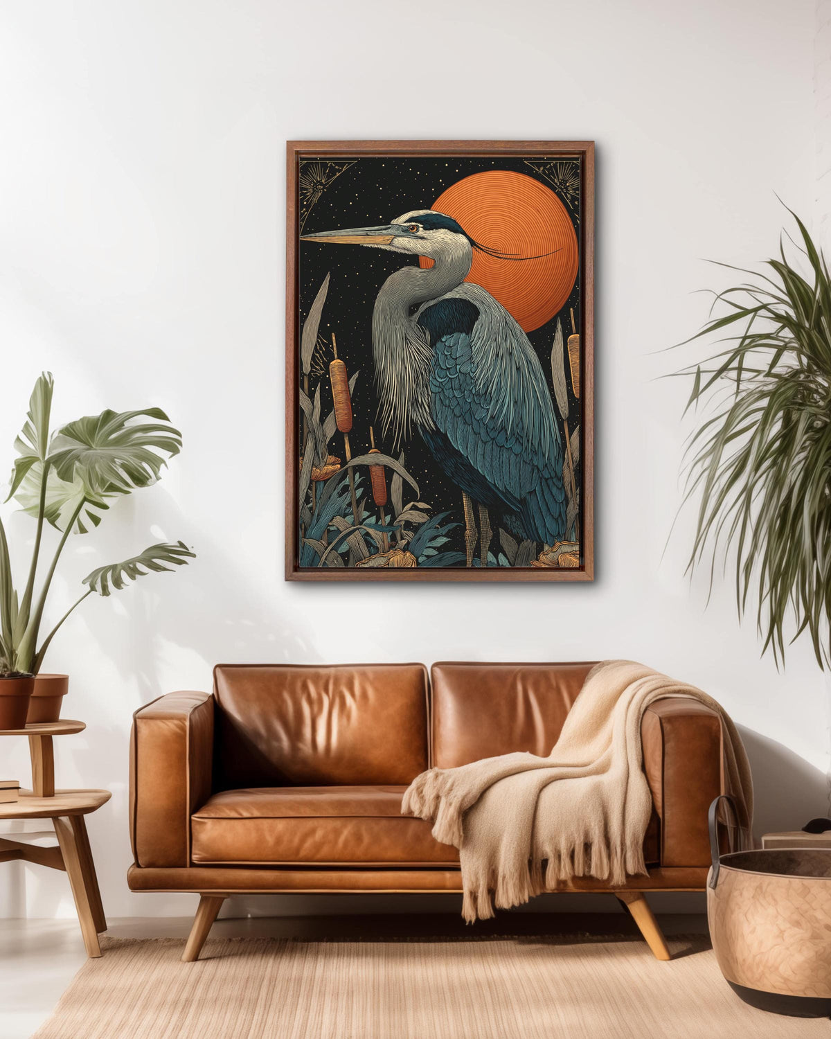 Great Blue Heron Wall Art Print | Elegant Bird Illustration Standing Among Cattails Under Starry Night Sky | Detailed Nature Wildlife Poster