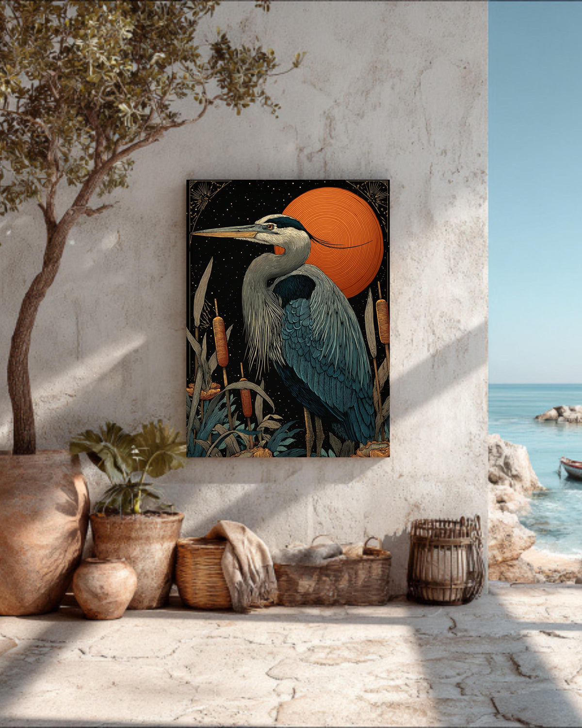Great Blue Heron Wall Art Print | Elegant Bird Illustration Standing Among Cattails Under Starry Night Sky | Detailed Nature Wildlife Poster