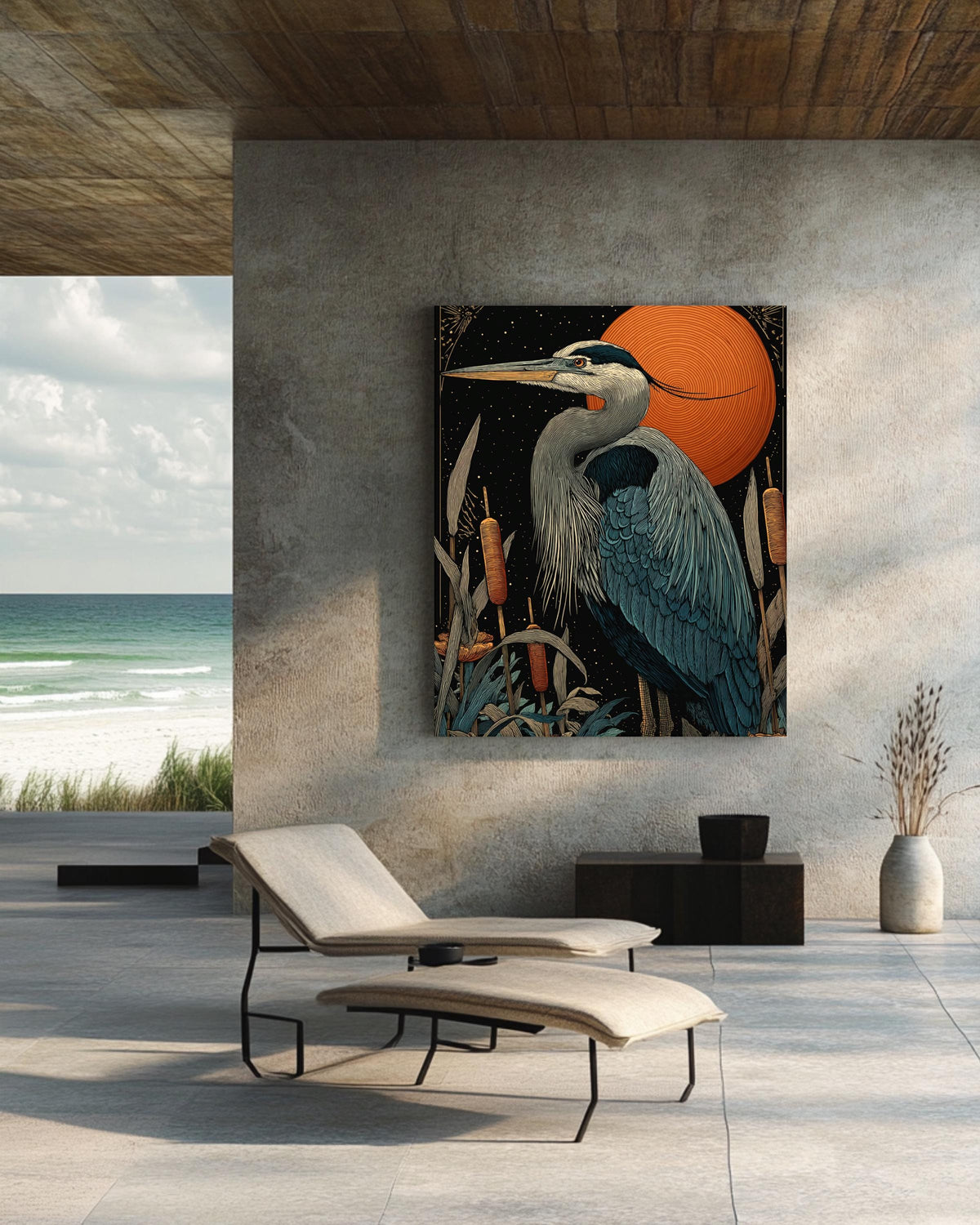 Great Blue Heron Wall Art Print | Elegant Bird Illustration Standing Among Cattails Under Starry Night Sky | Detailed Nature Wildlife Poster
