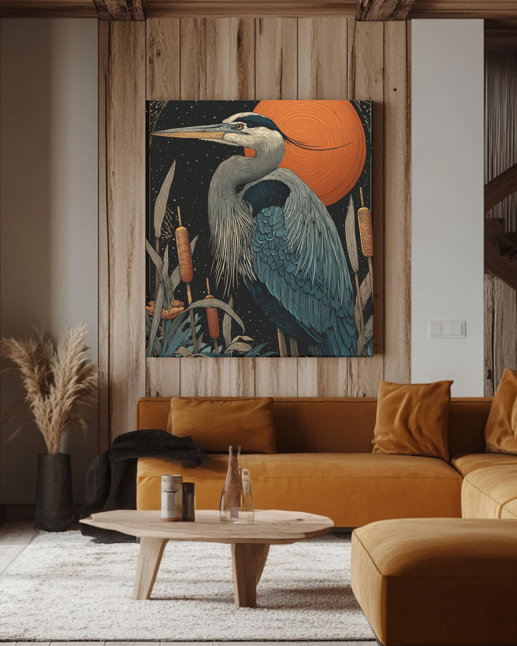 Great Blue Heron Wall Art Print | Elegant Bird Illustration Standing Among Cattails Under Starry Night Sky | Detailed Nature Wildlife Poster