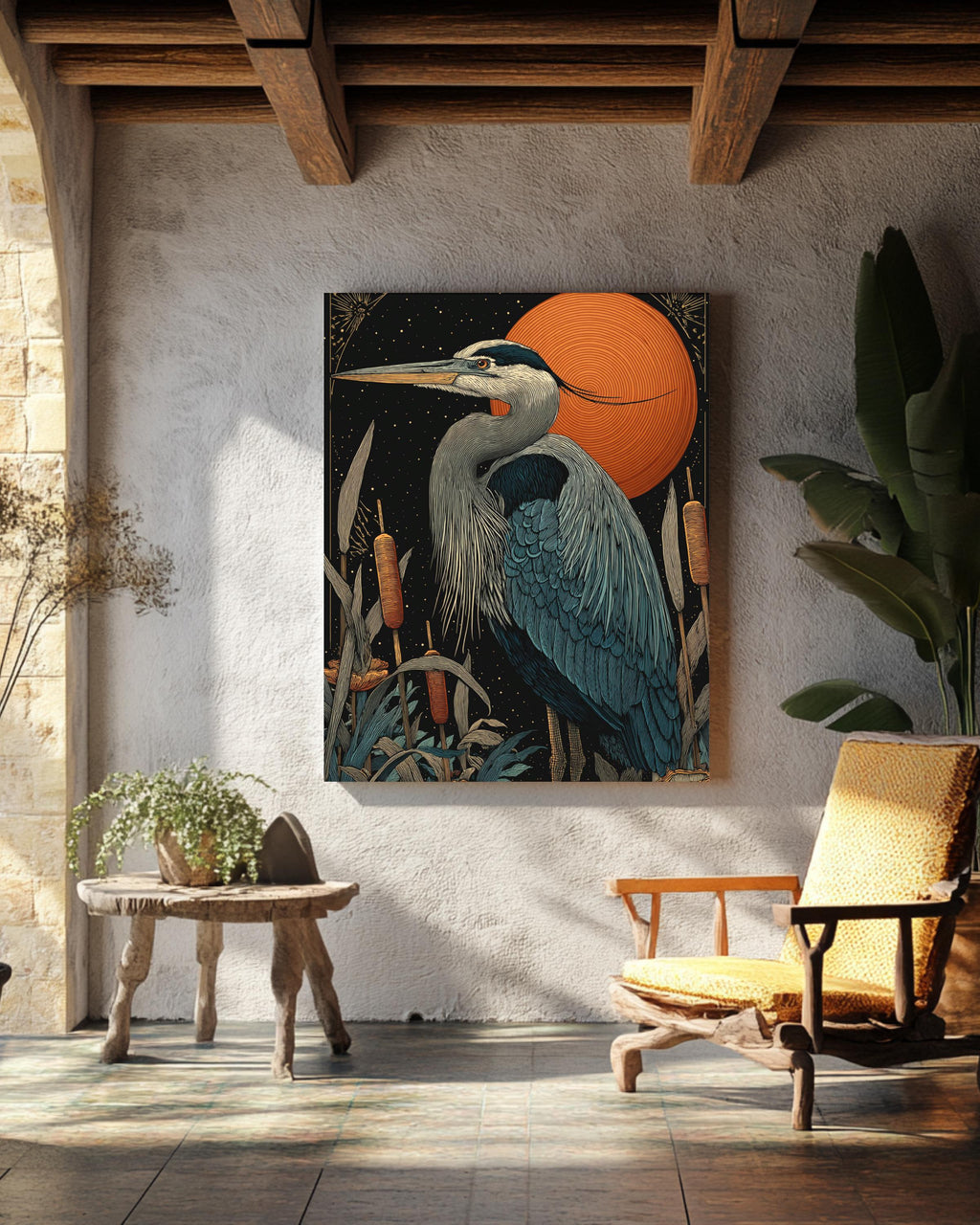 Great Blue Heron Wall Art Print | Elegant Bird Illustration Standing Among Cattails Under Starry Night Sky | Detailed Nature Wildlife Poster