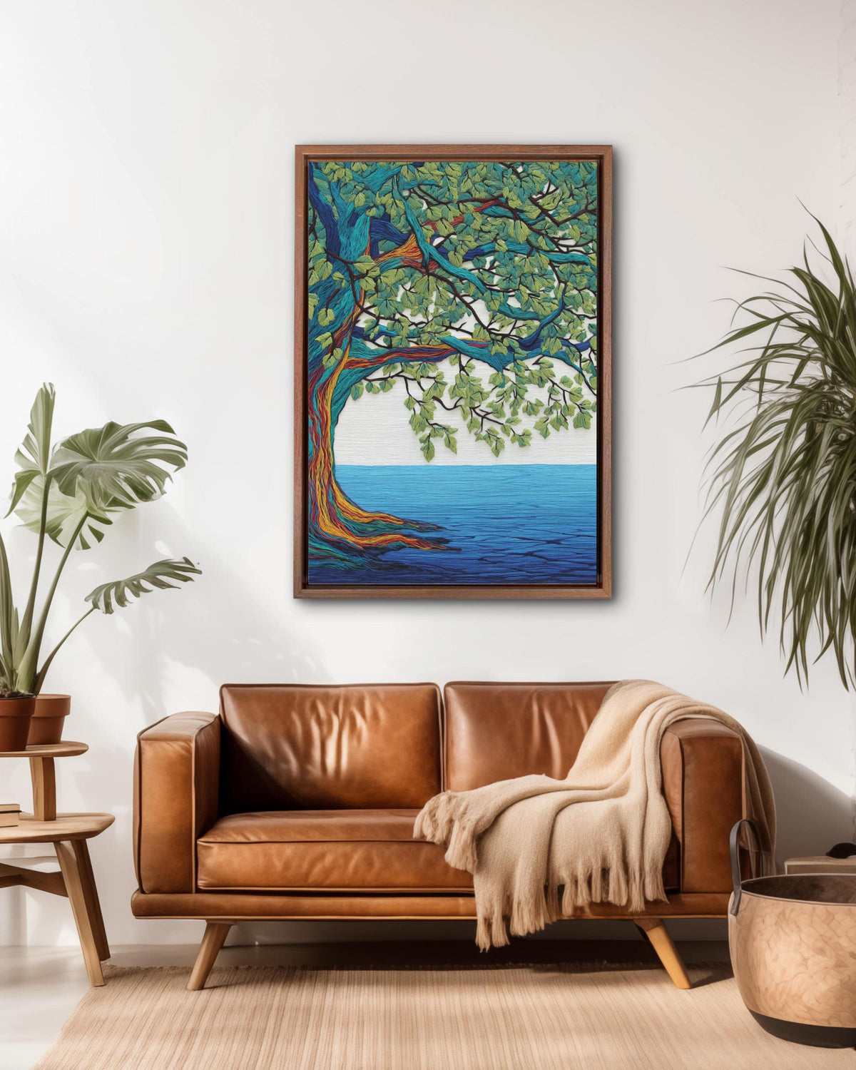 Colorful Oak Tree Wall Art | Embroidered Style Nature Painting with Flowing Lines, Green Leaves & Blue Water Background
