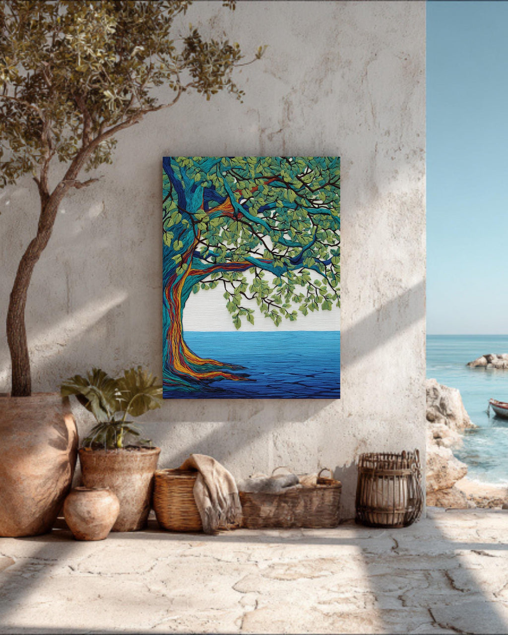 Colorful Oak Tree Wall Art | Embroidered Style Nature Painting with Flowing Lines, Green Leaves & Blue Water Background