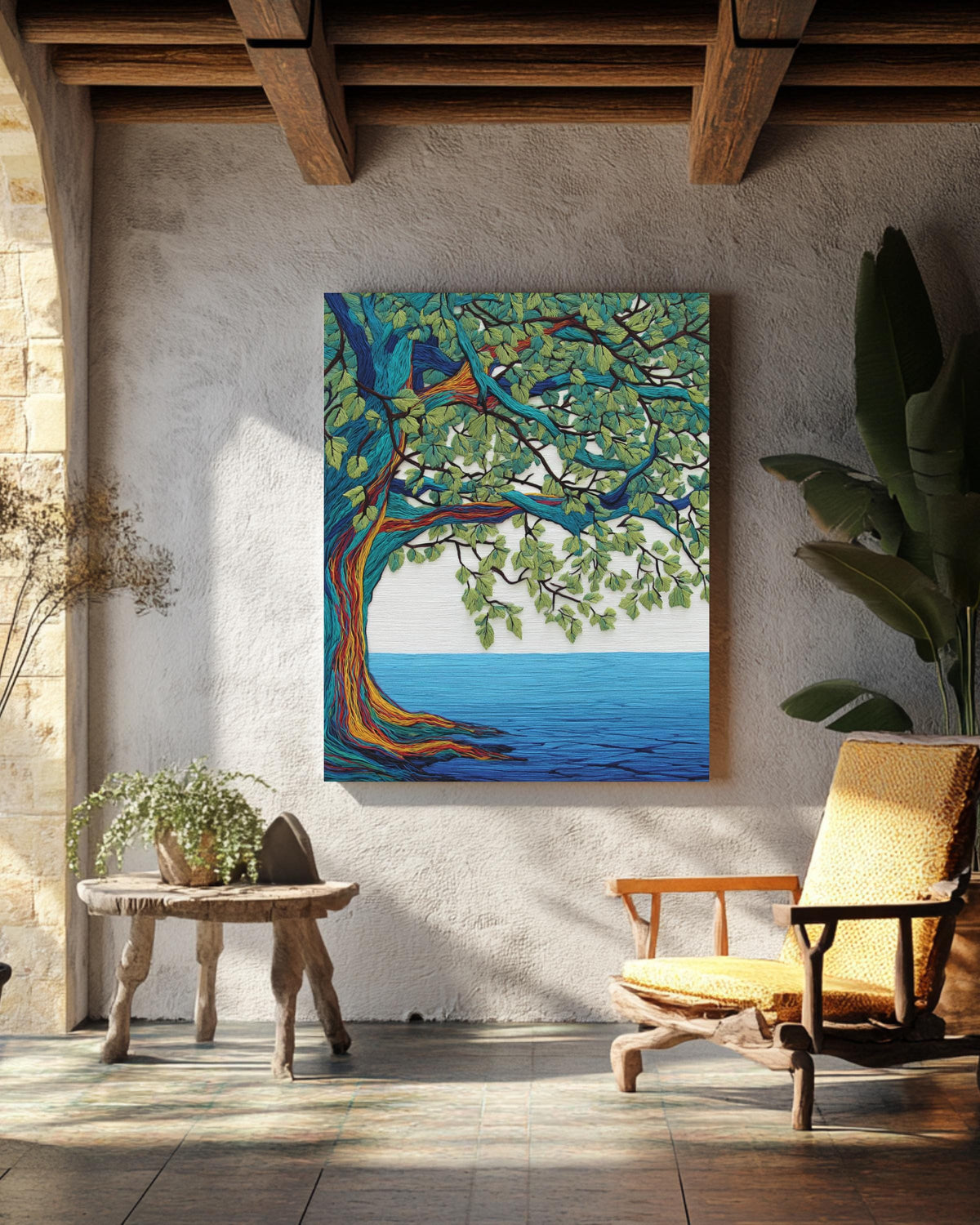 Colorful Oak Tree Wall Art | Embroidered Style Nature Painting with Flowing Lines, Green Leaves & Blue Water Background