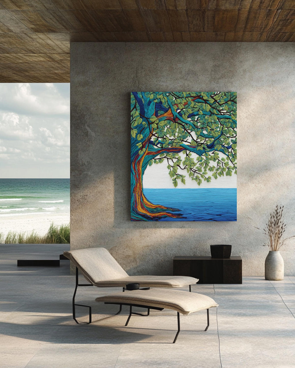 Colorful Oak Tree Wall Art | Embroidered Style Nature Painting with Flowing Lines, Green Leaves & Blue Water Background